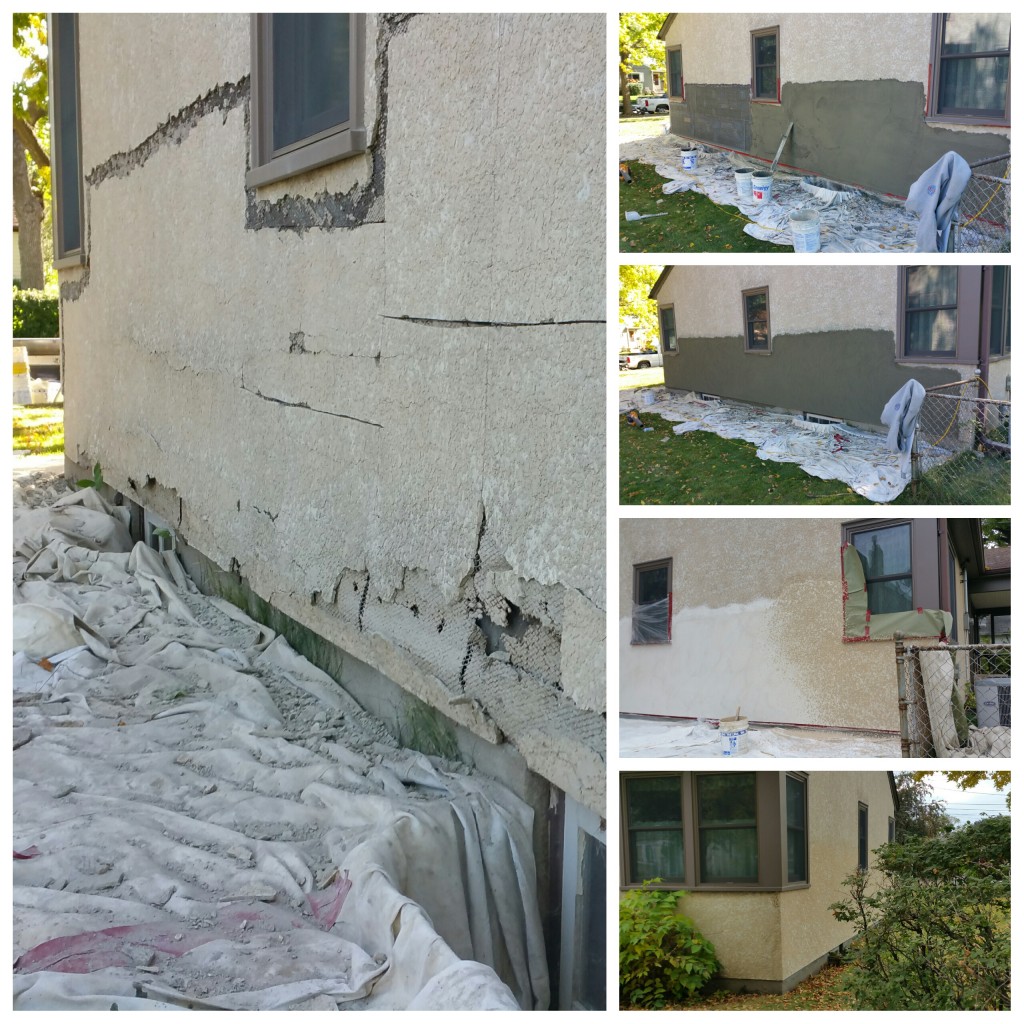 Stucco tear-off and repair to match.